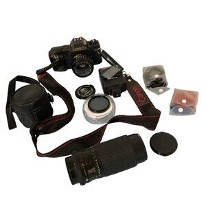 Canon T50 Film Camera Lot With Lens Flash And Accessories
